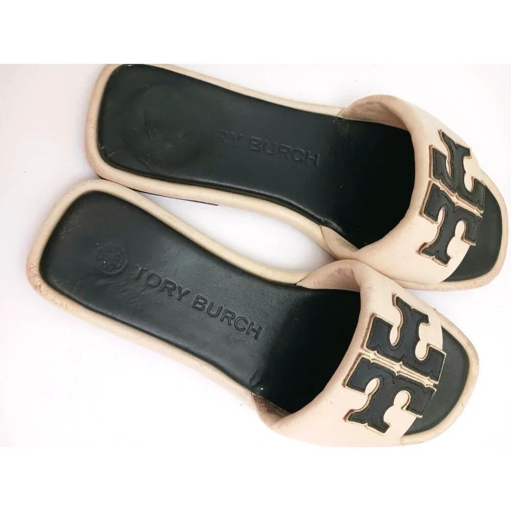 Tory Burch Double T Logo Sport Slide Cream/ Black Leather Wide Straps 7.5M